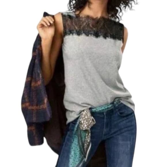 CAbi Gray and Black Lacey Trim Sleeveless Blouse Top - Picture 1 of 5